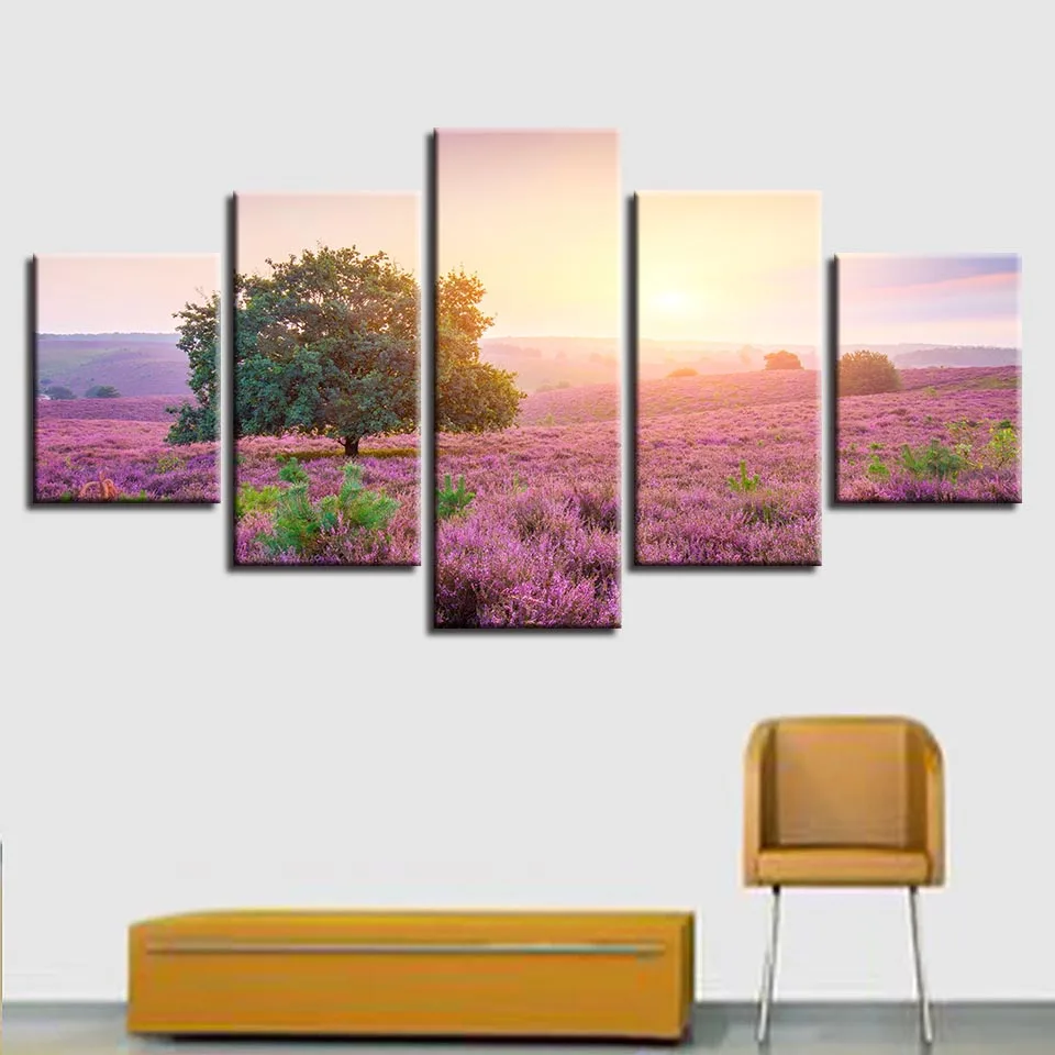 Картины на холсте модульное настенное искусство 5 шт. рассвет дерево Лаванда