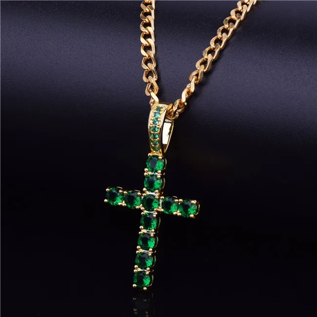 Для мужчин и женщин AAA циркон крест кулон Золото Серебро Медь Материал Iced Out CZ крест подвески, ожерелья, цепи модные хип хоп ювелирные изделия - Окраска металла: gold green