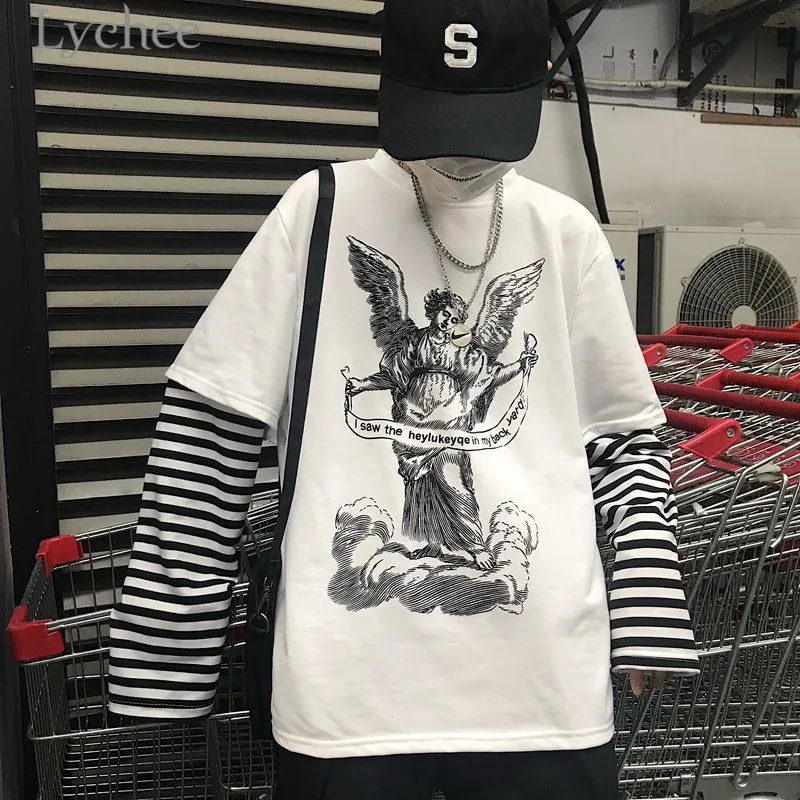 Lychee Осень Harajuku Angel письмо Полоса Лоскутная Женская футболка с круглым вырезом с длинным рукавом Повседневная Свободная Женская футболка Топ