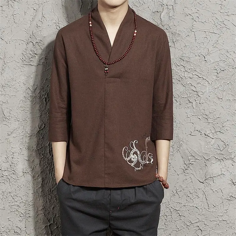 Men Cotton Linen Pullover Shirts Long Sleeve Chinese Style Loose Kung Fu Custume Tai Chi Suit Retro Embroidered Tang TS-330 | Мужская
