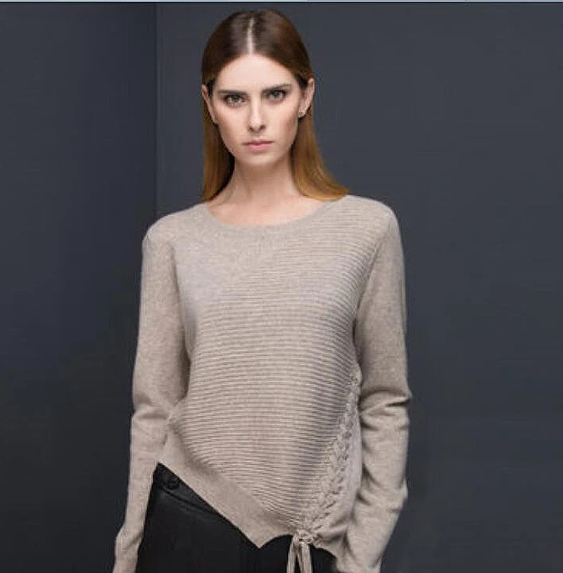 Женский кашемировый свитер светло-коричневый пуловер с круглым вырезом модный