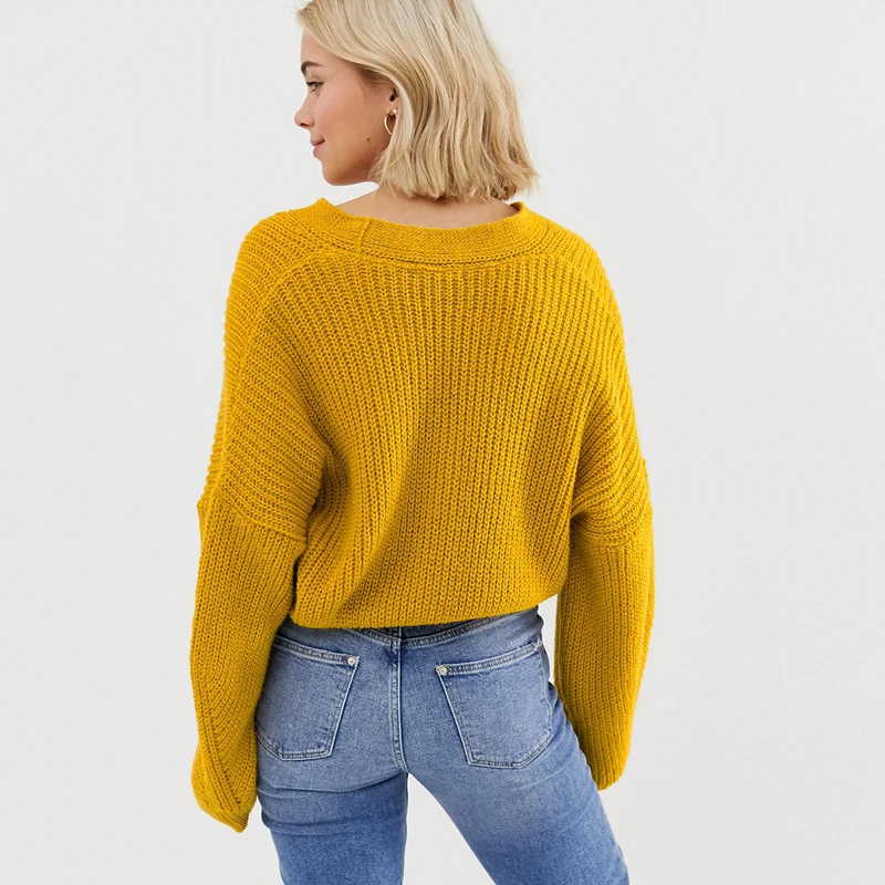 MINSUNDA Yellow Single Breasted Solid Cropped Cardigan Women V Neck Bishop Sleeve Jumper Ladies Oversize Knitted Sweater |