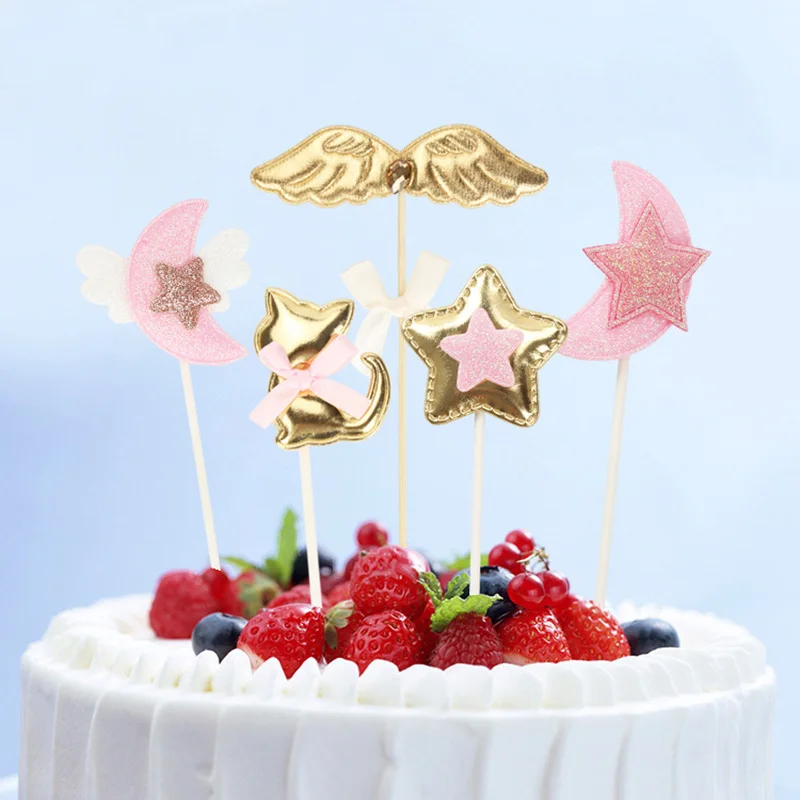 Baby Shower Girl алмазные ангельские крылья PU кекс украшение для кексов инструменты вспышки звезды луна звезда Топпер для торта с кошкой вечерние украшения