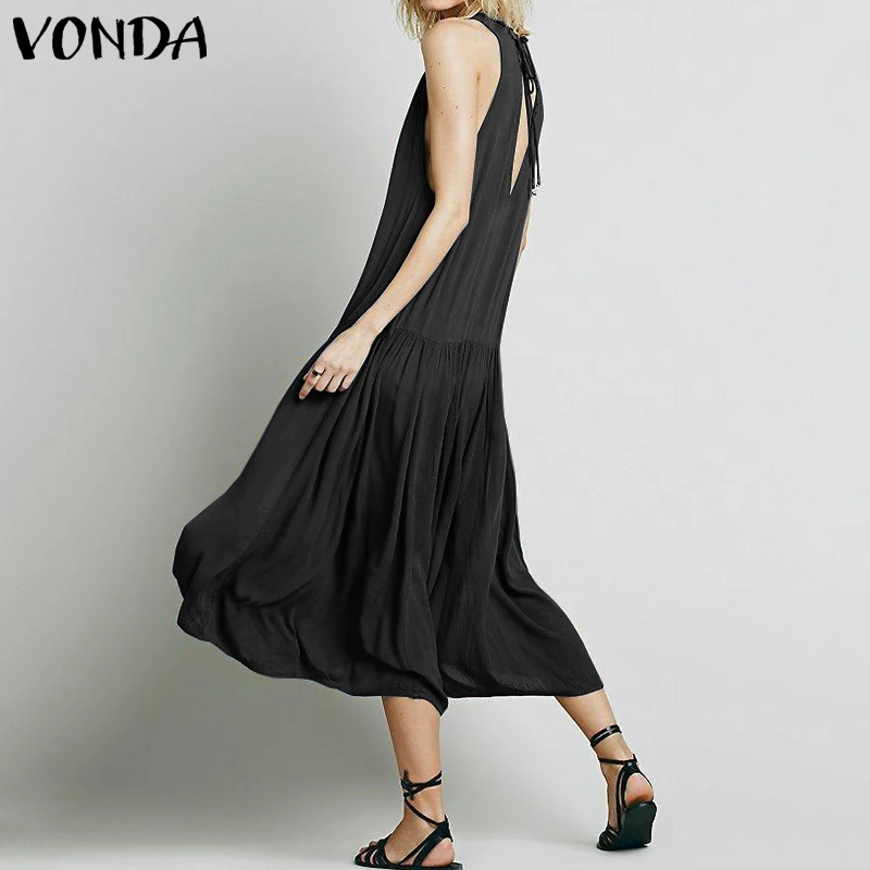 VONDA, летнее платье, женское, сексуальное, v-образный вырез, открытая спина, без рукавов, большое, свободное, вечерние, платье,, повседневное, Vestido, пляжное платье, Femme размера плюс