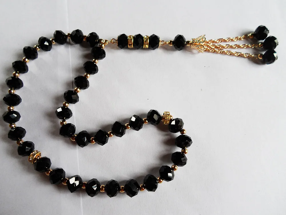 Винтаж мусульманские религиозная молитва бусины 2R Веревка Цепи стрейч tasbih браслет ювелирные изделия, Черный Кристалл Ислам для