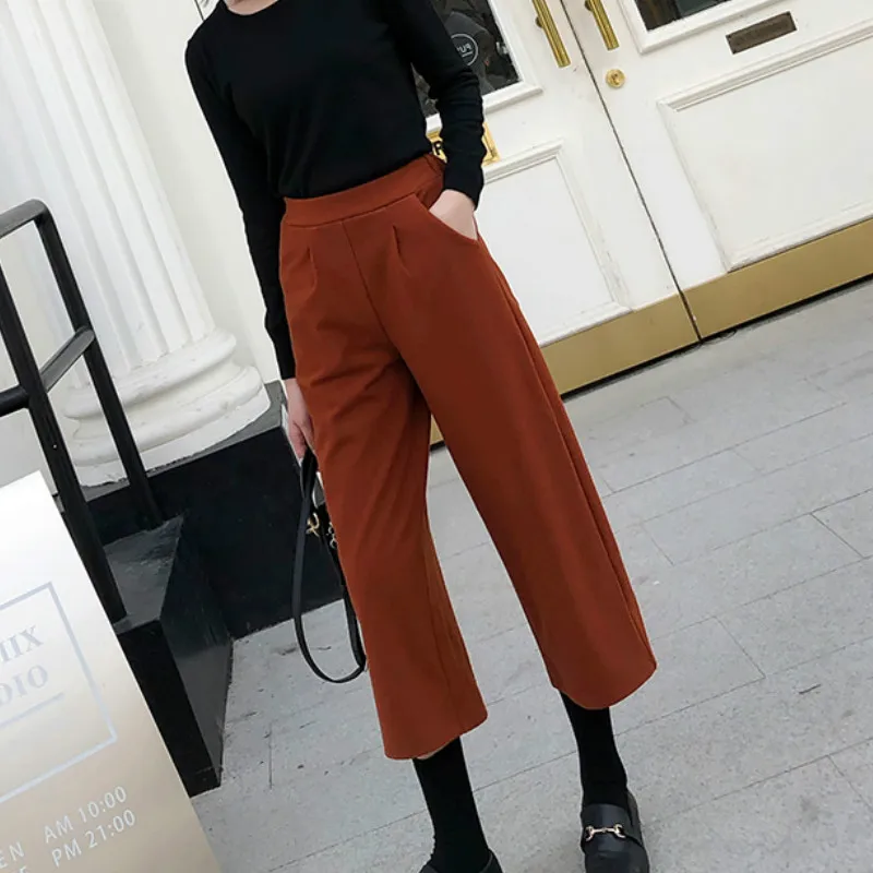 Женские широкие брюки pantalon черные повседневные с высокой талией в Корейском