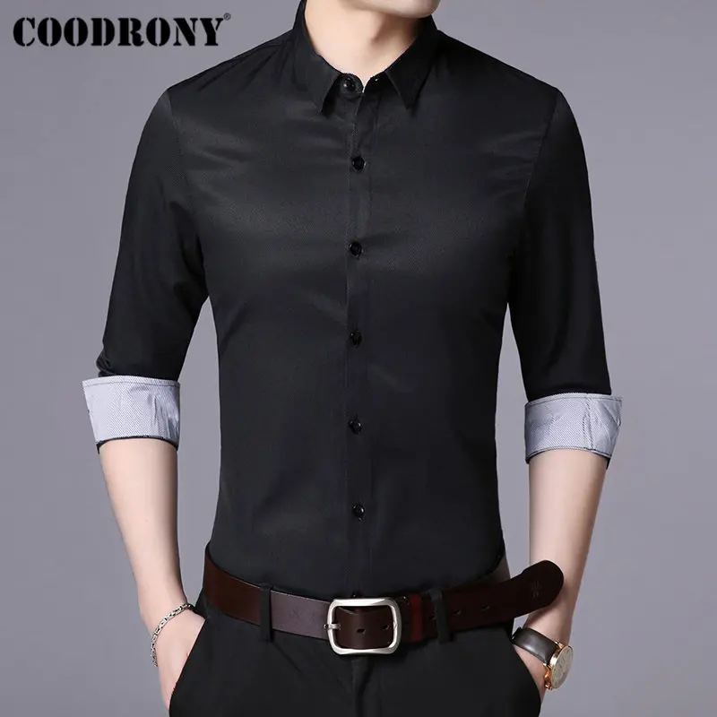 COODRONY, брендовая мужская рубашка, мягкий хлопок, Camisa Masculina, осень, Новое поступление, рубашка с длинным рукавом, мужская, деловая, повседневная, мужские рубашки, 96025 - Цвет: Черный
