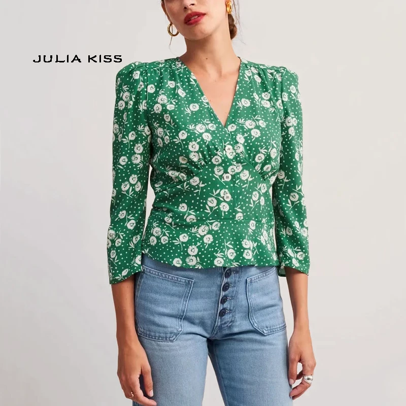 Женская винтажная блузка с цветочным принтом V-образным вырезом и пуговицами
