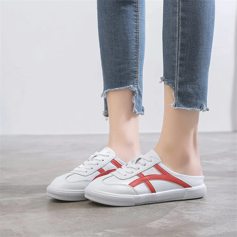 COOLSA Women's Autumn White PU Shoes Casual Striped Flat Slippers Indoor Half Tow Slides Lady Lazy Travel Shoes