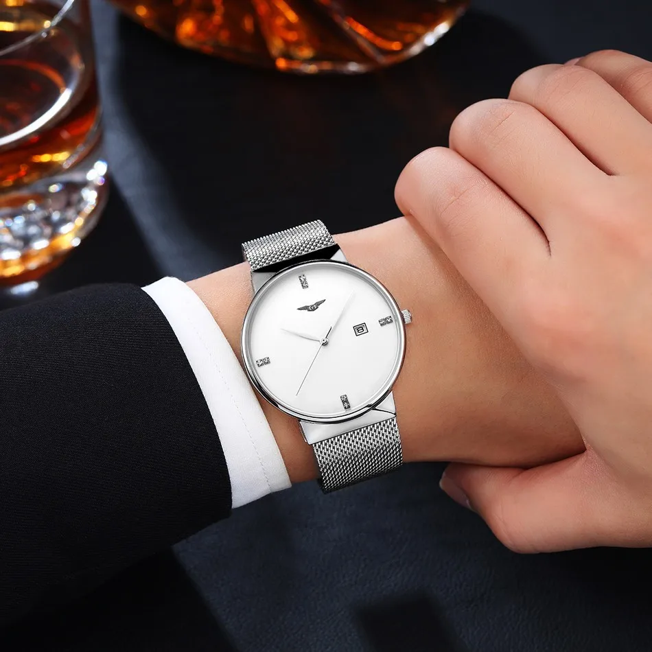 

2020 Luxury Brand GUANQIN Sports Watches For Men Stainless Steel Mesh Band Wristwatch Simple Clock Male Waterproof Quartz Watch
