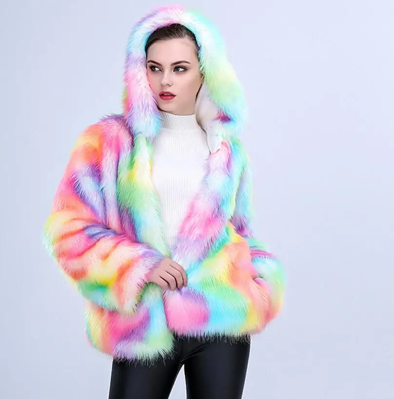 

2018 new autumn winter Women Colorful Faux Fox Fur Coat with Hooded Multicolor Long sleeve Artificial Fur Coats Jacket s1105
