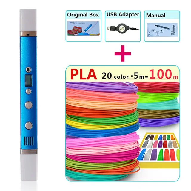 Blue pla100m Myriwell 3 d Ручка 3d ручка 100 м pla нити, Подлинная Высококачественная 3d Ручка с принтом USB зарядка 1,75 мм abs пластик лучший подарок - Цвет: Blue pla100m