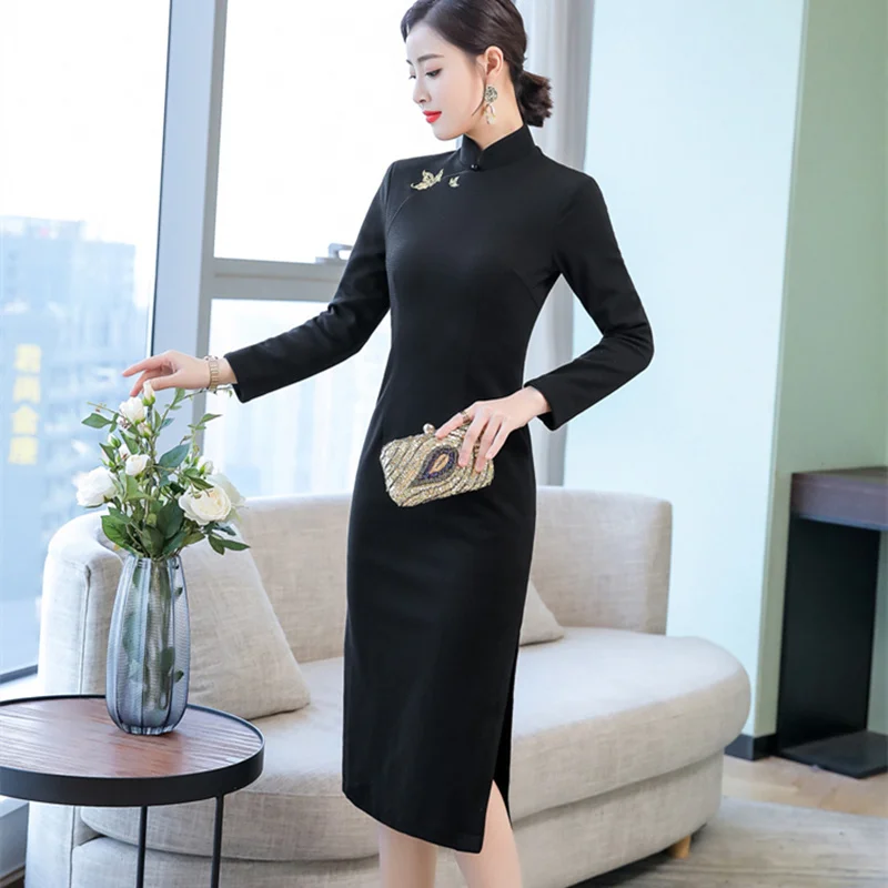 Черный традиционный китайский Ципао платье бабочка вышивка хлопок cheongsam женские