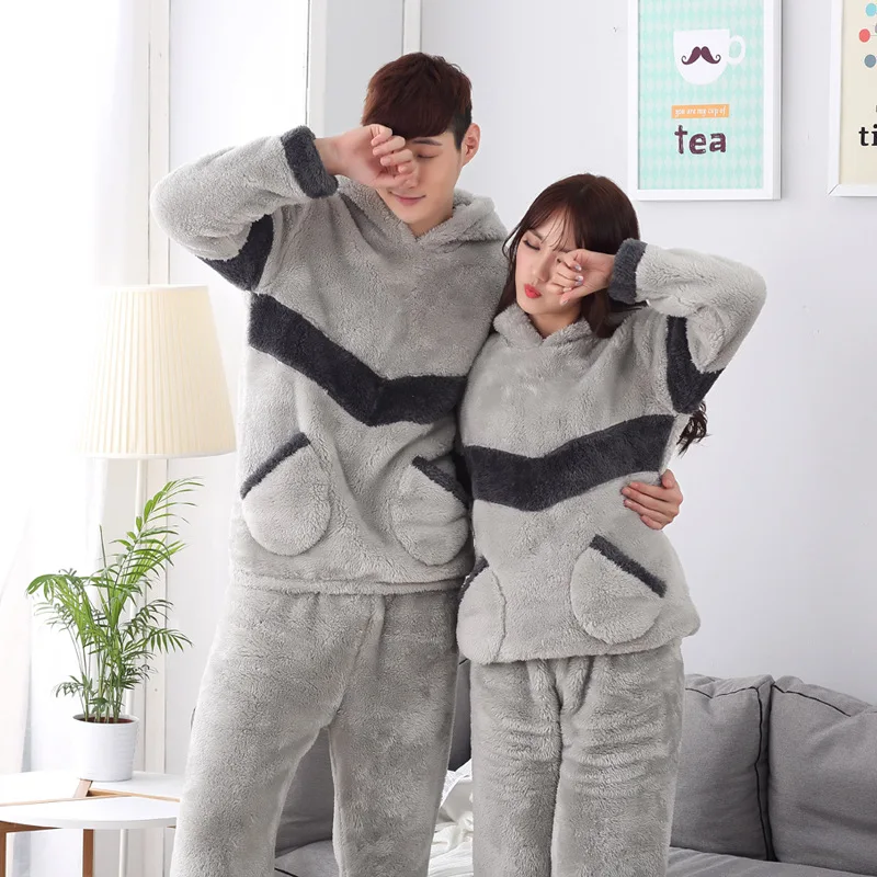 Зимняя Пижама для мужчин и женщин серый теплый фланелевый пижамный комплект