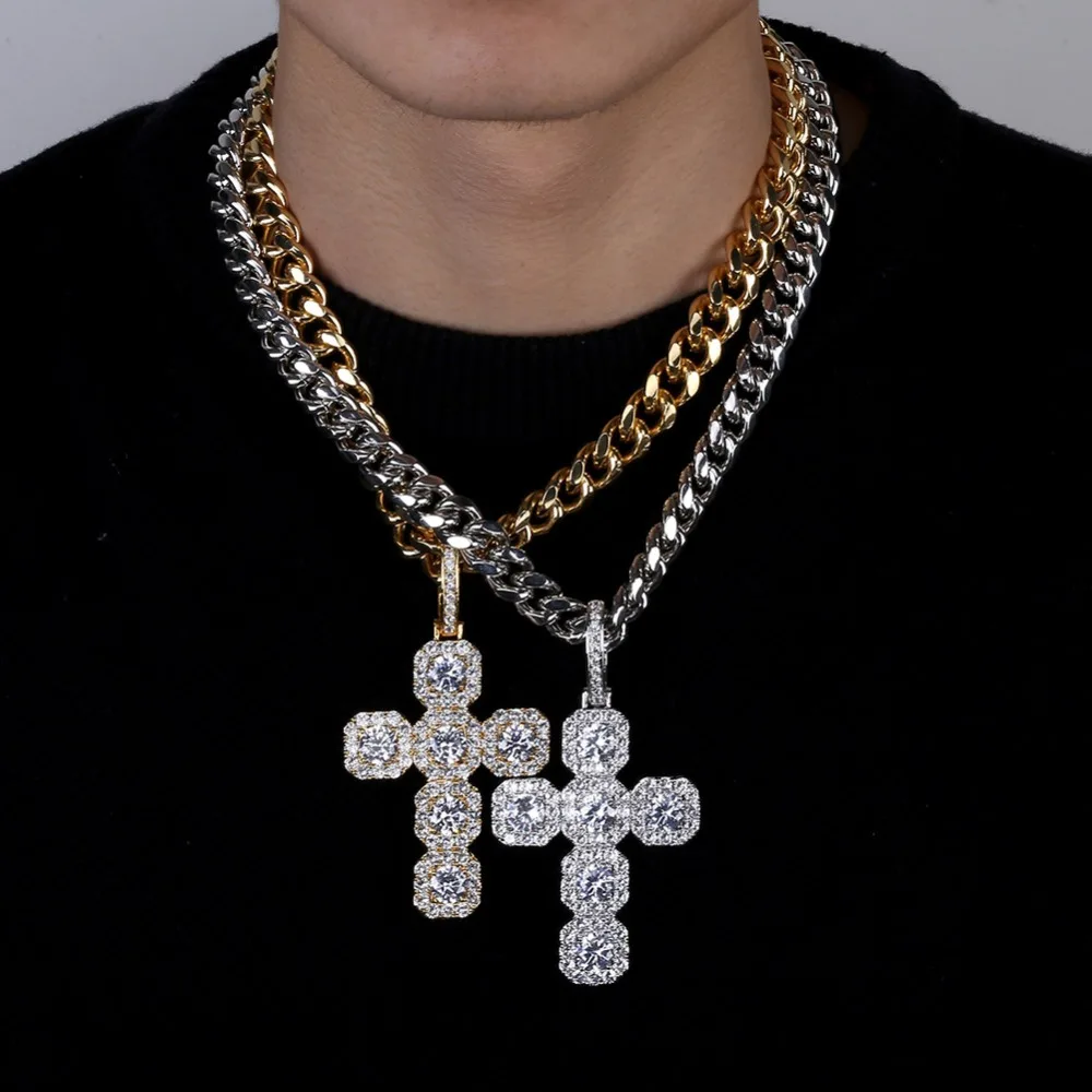 Изготовленный на заказ Iced Out большой твердый крест-подвеска с фианитами ожерелье с 12 мм кубинской цепочкой мужские хип хоп золотые цвет серебра талисман ювелирные изделия