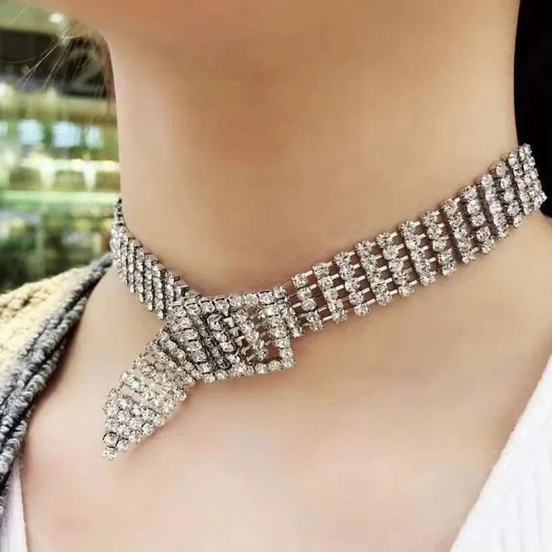 Сексуальные полые стразы, чокер, Панк Серебряный воротник, цепь, пояс, ожерелье, широкий Свадебный чокер, связывание, Косплей клуб вечерние ювелирные изделия