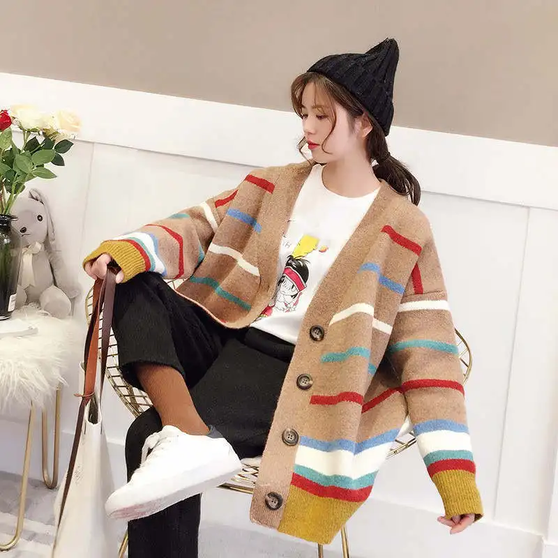 Cardigan Coat Autumn Sweater Knitted Casual Coats Female Print Striped Cardigans For Ladies Loose Women |