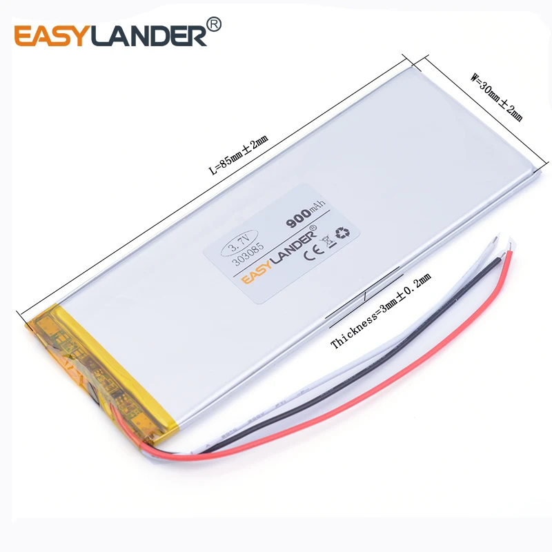 10 шт./лот 3 7 в литий-ионный полимерный аккумулятор провода 303085 900 мАч интерфон GPS MP3