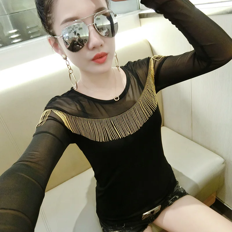Camisas Femininas 2018 футболка женская кисточка Чистая Пряжа с длинным рукавом Футболка