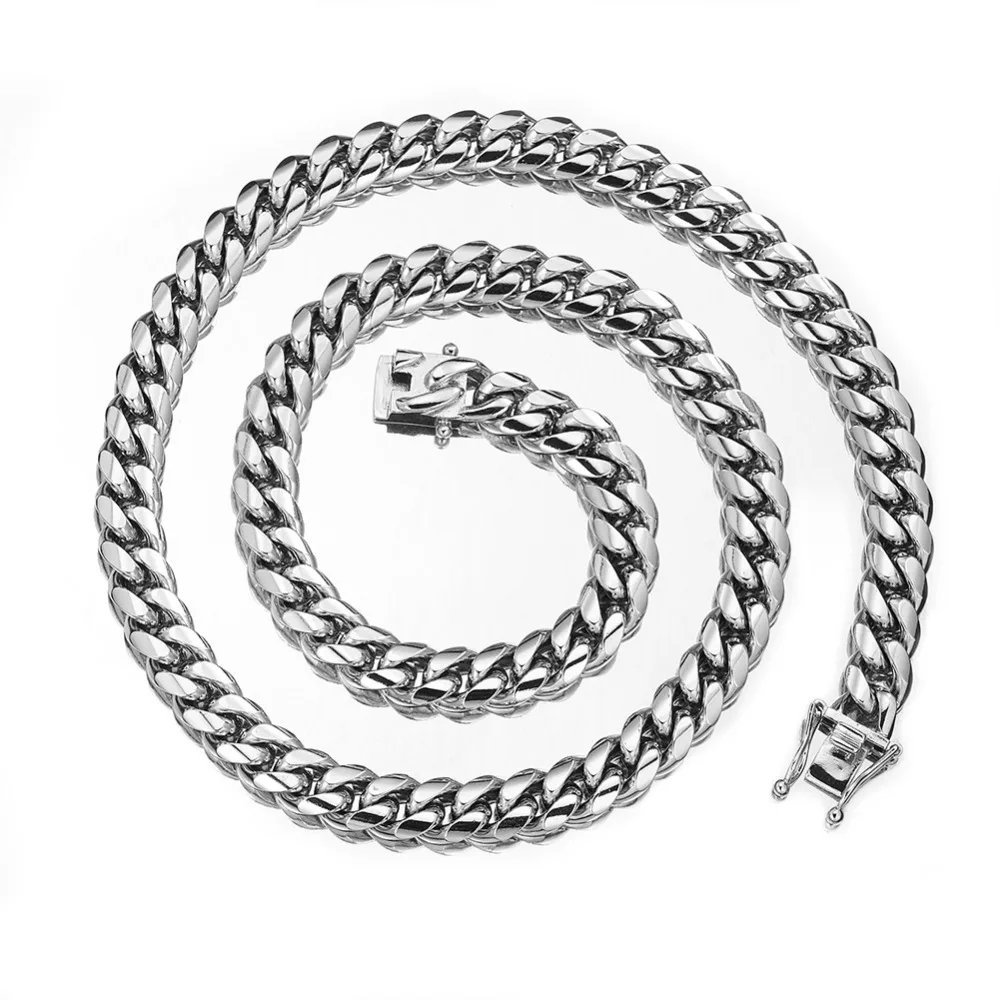 

12mm Men's Fashion Jewelry Silver Color Necklace Or Bracelet 7-40 Inches Option Stainless Steel Miami Curb Cuban Link Chain