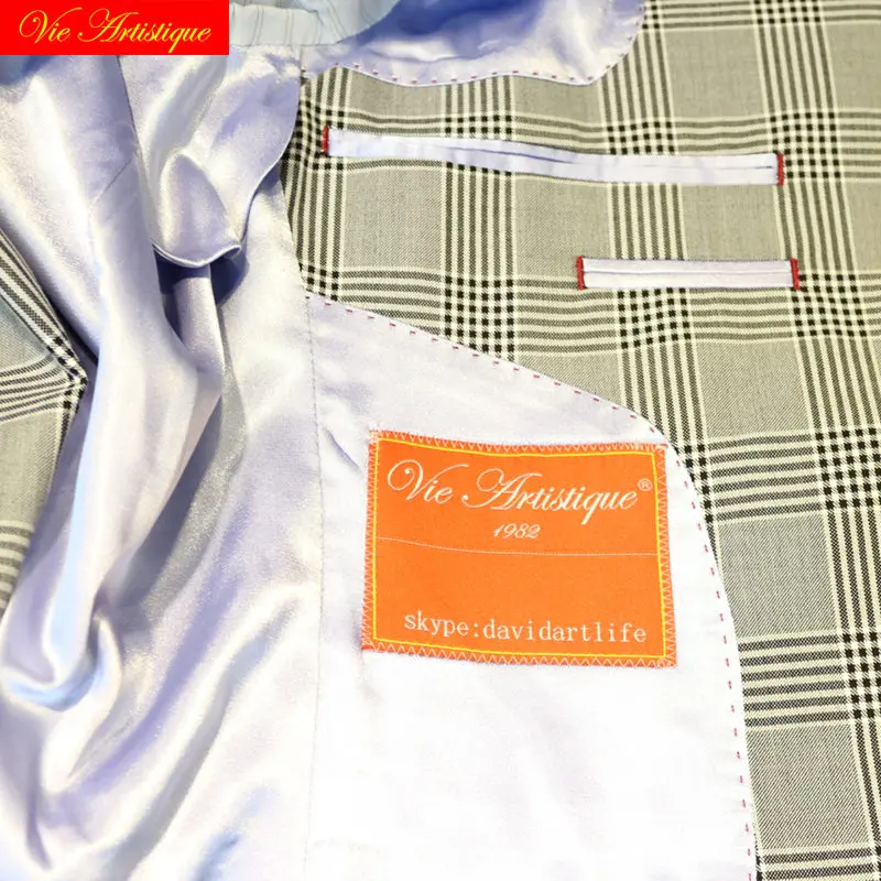 custom tailor made suits 3 pieces jacket pant vest wool Men's groom tuxedos slim fit wedding grey whales lattice plaid casual