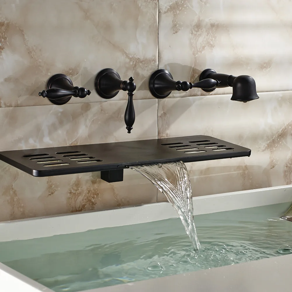 Масло втирают Бронзовый Настенный Ванная комната ванна кран Водопад Носик