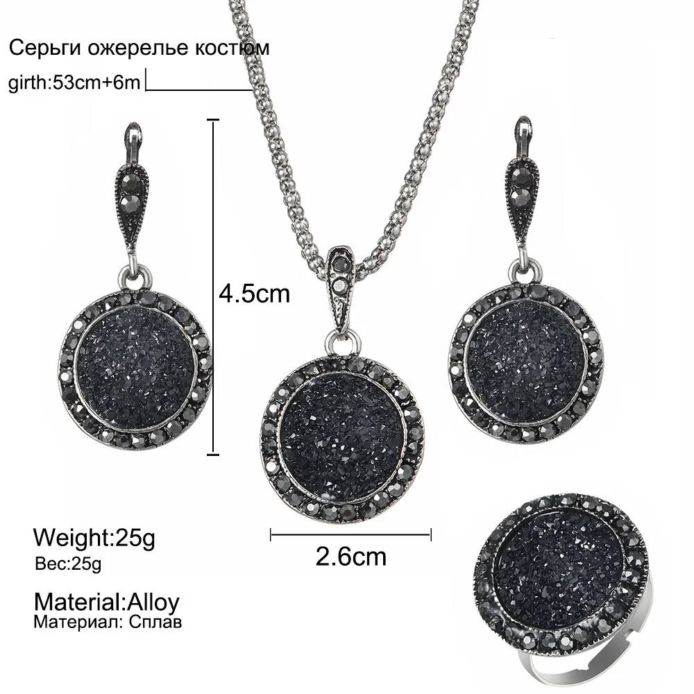 Vintage Crystal Wedding Engagement Jewelry Sets for Women Rhinestone Round Necklaces Pendants Drop Earrings Ring Set | Украшения и