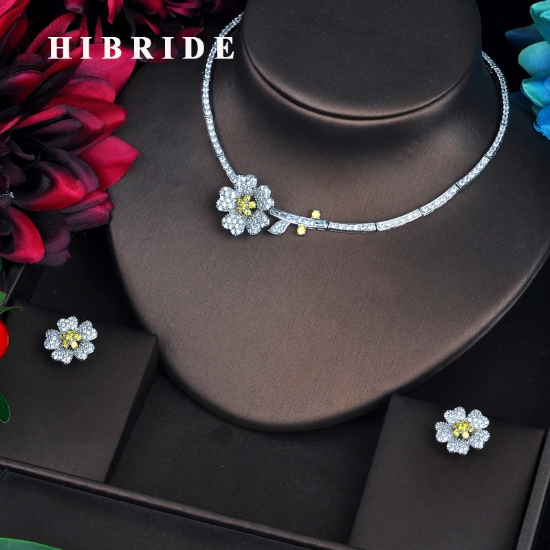 

HIBRIDE Elegant Women Bridal Jewelry sets Micro CZ Pave Necklace Set Beauty Flower Design Yellow Jewelry Party Gifts N-569