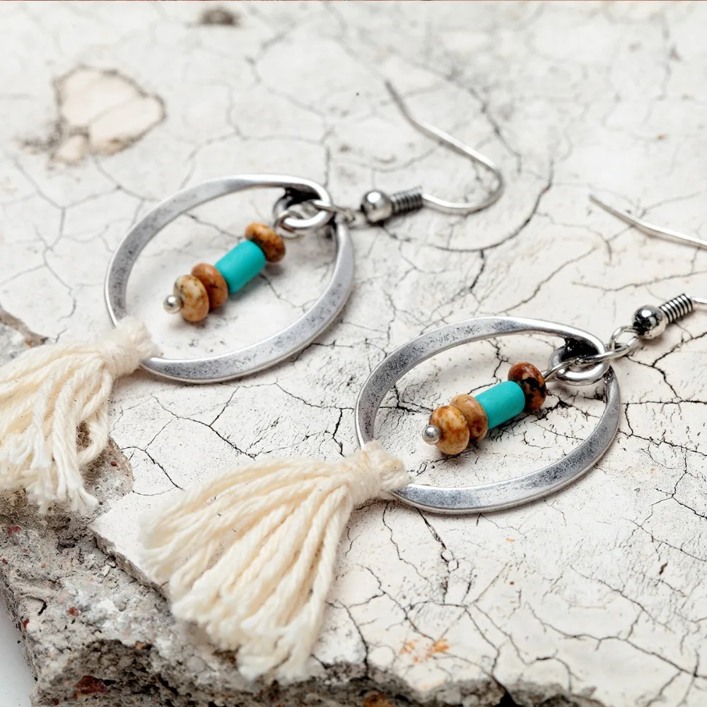 Этнические бежевые хлопковые висячие серьги с кисточками для женщин богемные