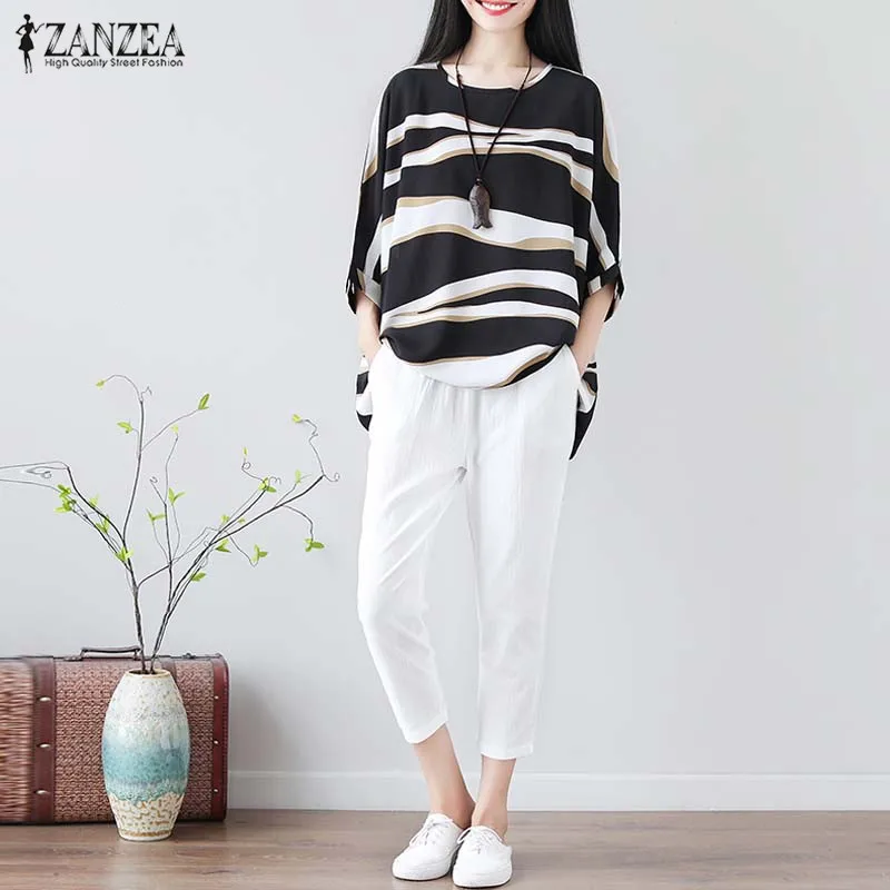 ZANZEA Plus Size Women Shirts Blouses Female Vintage Sleeve Blusas Summer Tunic Tops Chemiser Mujer Blusa Feminina