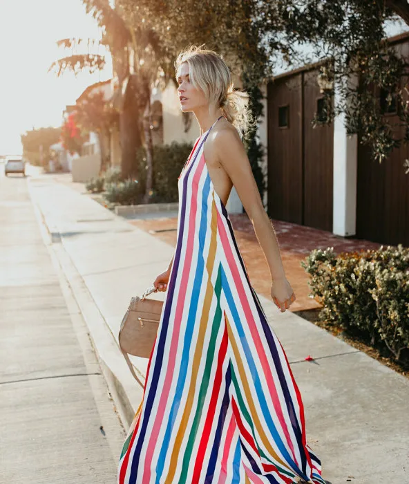 Платье женское длинное в стиле бохо модное Радужное пляжное макси платье полоску