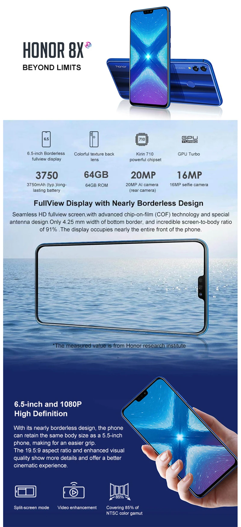 Смартфон HONOR 8X Android 8,1 4G LTE, 4 Гб ОЗУ, 64 Гб ПЗУ, 6,5 дюймов, 2,2 ГГц, четыре ядра, 20 Мп+ 16 МП, 3750 мАч, мобильный телефон с функцией распознавания лица