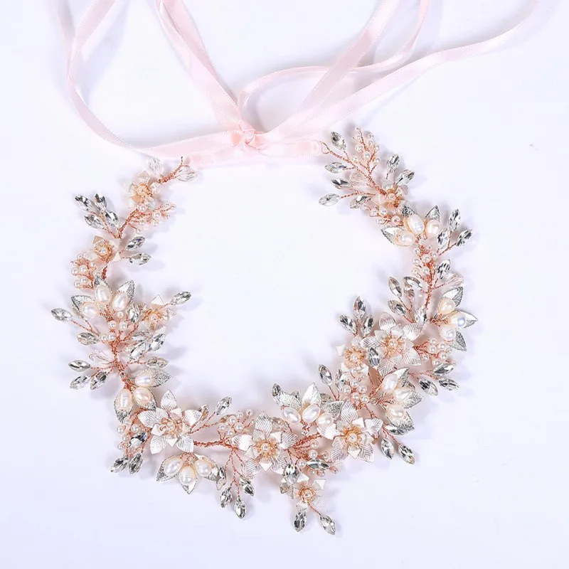 

Jonnafe Rose Gold Color Flower Leaf Wedding Hair Accessories Crown Pearls Women Jewelry Bridal Headband Tiara