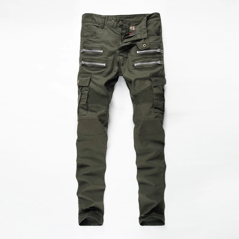 Fashion pleated jeans for men 4 seasons slim denim patchwork pants punk zipper straight jean male biker trousers | Мужская одежда