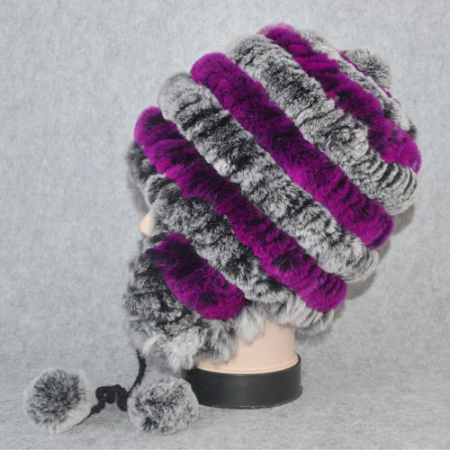 gray and purple Качественная зимняя шапка для девочек, настоящий мех кролика, женская вязаная шапка из натурального кролика Рекс, меховые шапочки, теплые шапки из натурального меха - Цвет: gray and purple