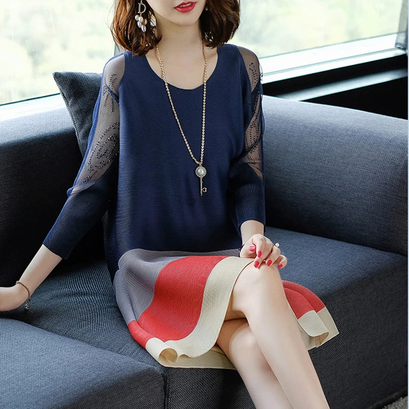 navy blue LANMREM летняя новая плиссированная одежда для женщин элегантные контрастные цвета О-образный вырез рукав три четверти модные платья NA936 - Цвет: navy blue