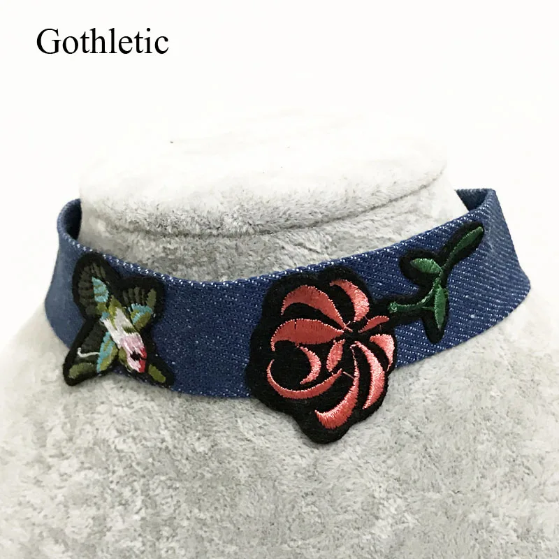 Модный новый голубой джинсовый чокер gotetic 2019 ожерелье с цветочной вышивкой птицы