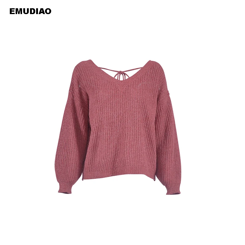 Sexy Backless Bandage Sweater Woman Autumn Winter 2019 Casual Loose V Neck Women Feminine Coat Solid Pullovers Jumpers | Женская одежда