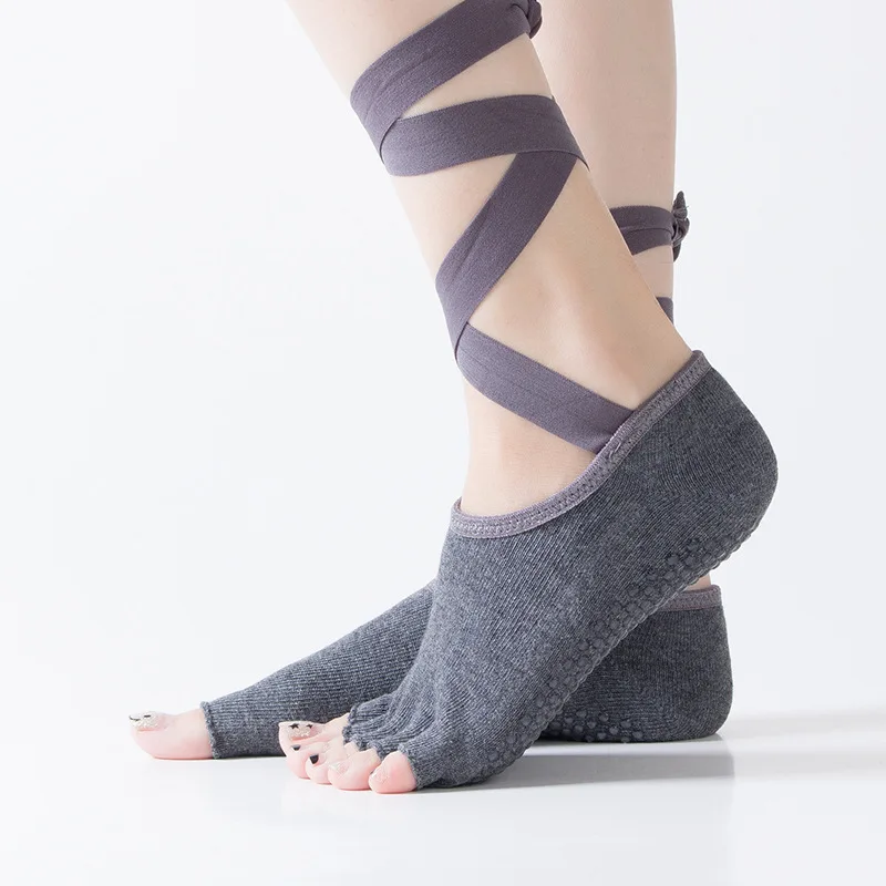 

DUVEIL 100% Cotton Ladies Yoga Grain Socks Bottom Five Finger Socks Open Toe Back Dance Socks Laces Non-slip Yoga Socks for Girl