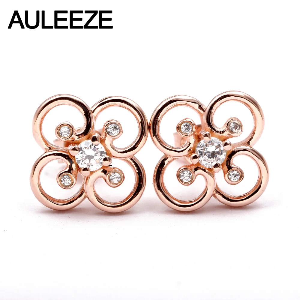 

AULEEZE 0.26CTW Flower Real Natural Diamond Stud Earrings 18K Solid Rose Gold Earrings Wedding Fine Jewelry