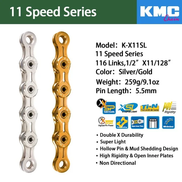 KMC цепь x11 x11L x11sl X11ept x11el x11.93 Золото Серебро для MTB/дорожный велосипед fo Shimano/SRAM 11 скорость 116л/цепь велосипед Полный полый - Цвет: X11.93-SilverBlack
