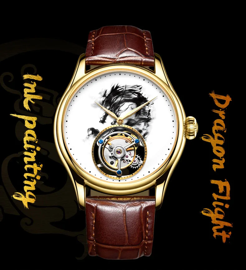 Настоящие Tourbillon мужские часы с драконом, мужские брендовые механические часы с сапфиром копейкой, водонепроницаемые мужские Tourbillon наручные часы 7011G