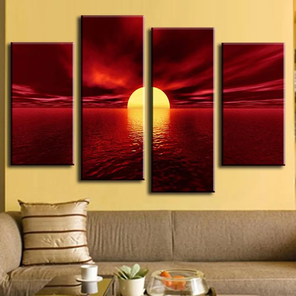 

4 Pcs/Set Modern Wall Painting Sunset Combined Paintings Red Sea Unframed Canvas Painting Wall Art Top Home Decoration