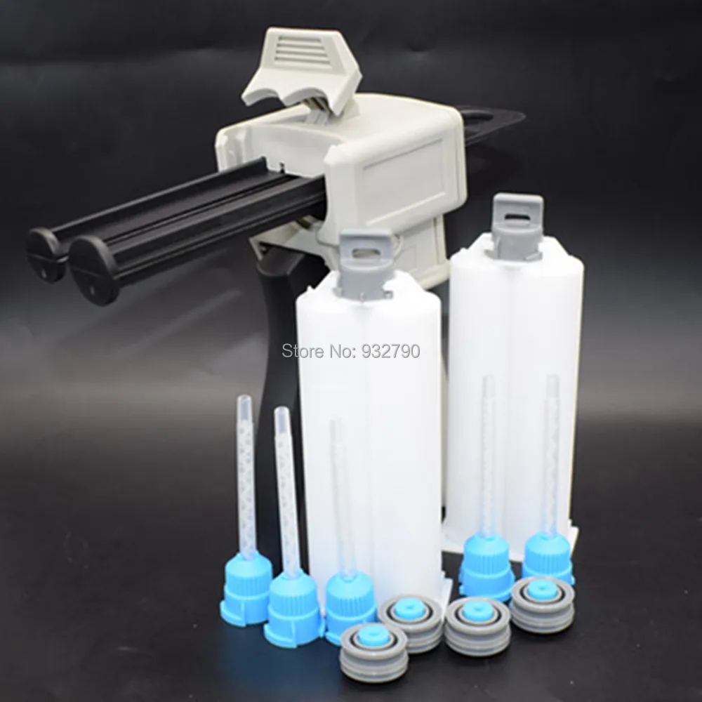 

2pcs 50ml Cartridges Mixer Tubes + 50ml 1:1 1:2 Dispensing Gun Epoxy Applicator Adhesive Dispenser + 5pc Mixer Mixing Nozzle Tip