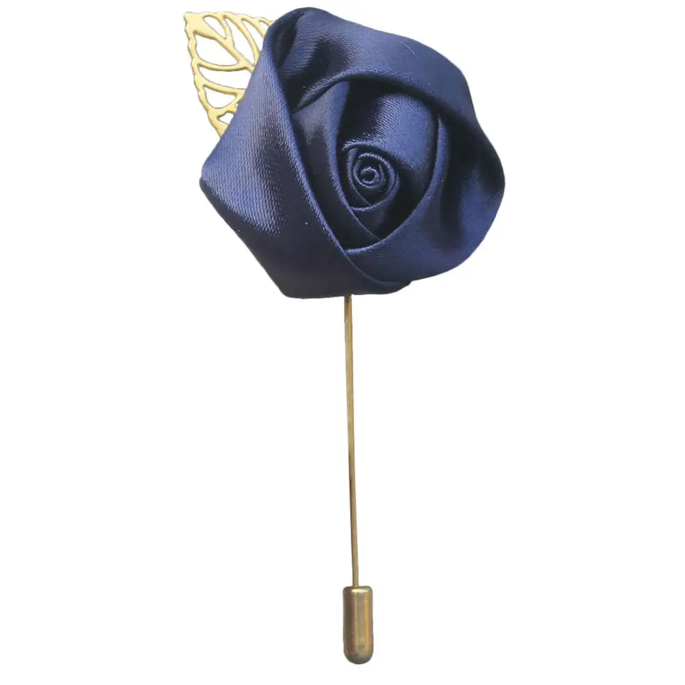 navy blue Белая брошь, цветок для лучшего мужчины, Свадебный Жених, золотой лист, пуговица для жениха, Шелковая Роза, брошь, вечерние, корсаж, Золотая булавка, X1379-2 - Color: navy blue