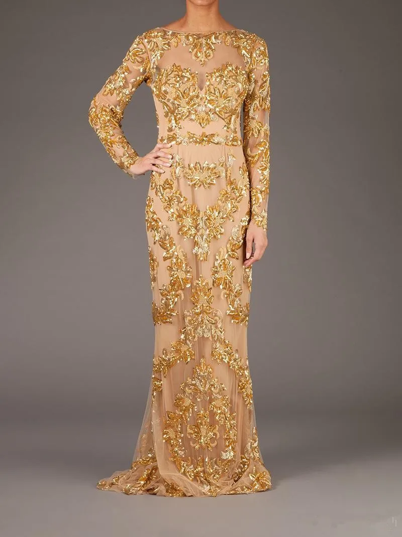 Vestido De festa Longo с длинным рукавом Выпускные платья Золотая Иллюзия аппликации