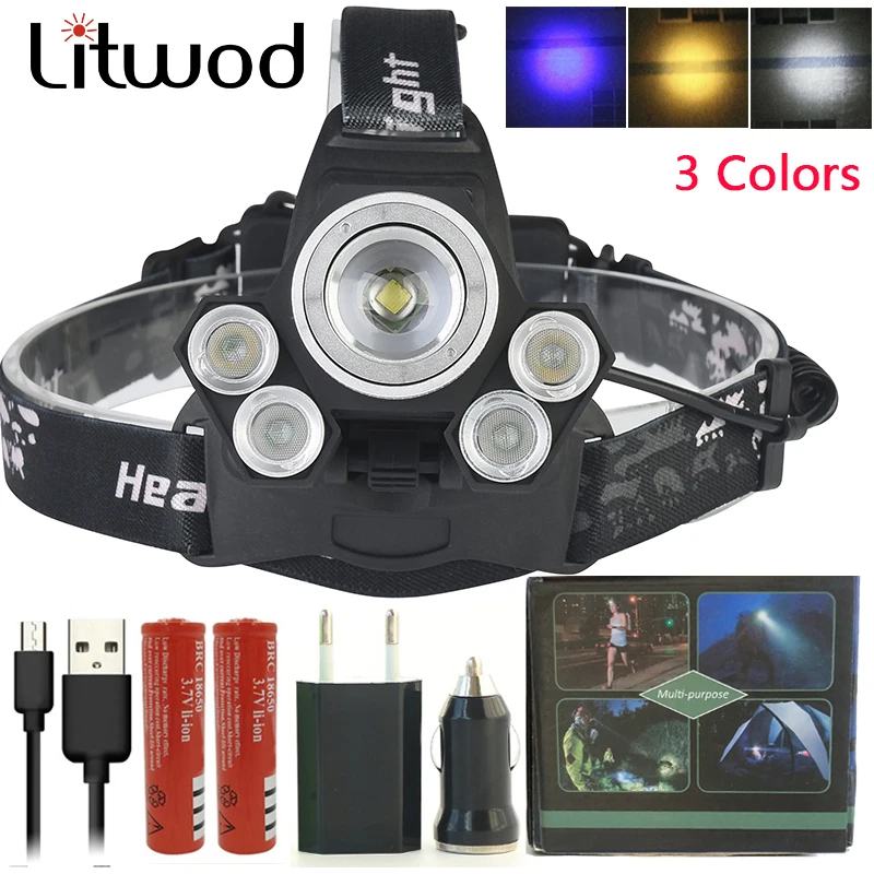 Litwod Z202408 Перезаряжаемые 5 светодиодный налобный фонарь с зумом желтым синий свет