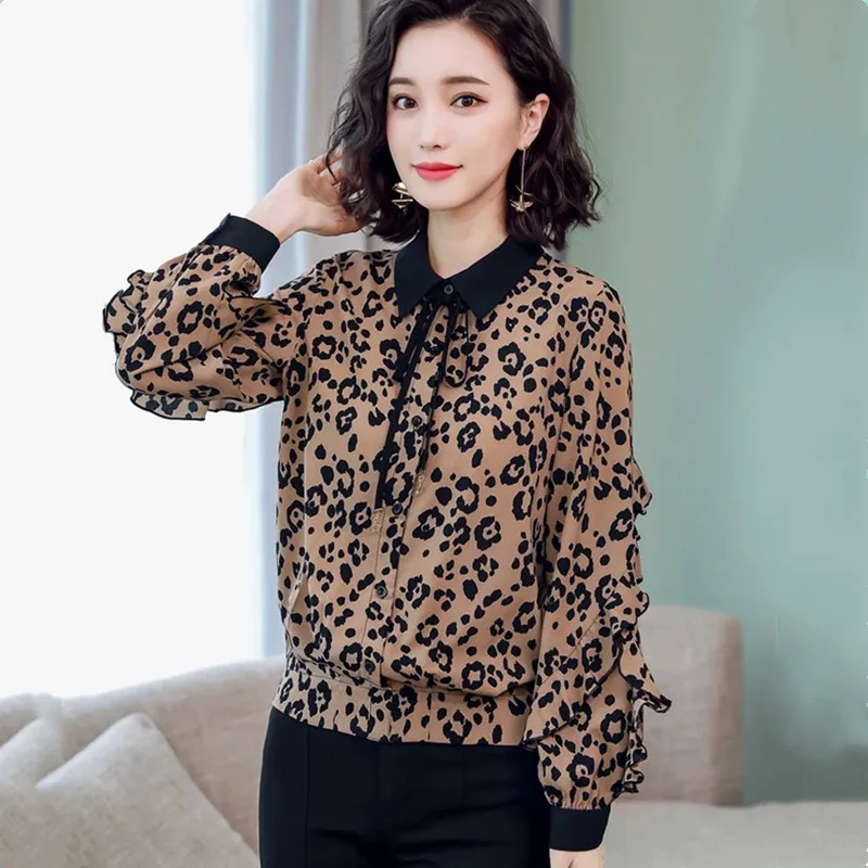 nvyou gou Ladies Leopard Print Top Summer Fashion Loose Ruffle Sleeve Chiffon Blouse Office Lady Bow Tie Neck Casual Shirt |