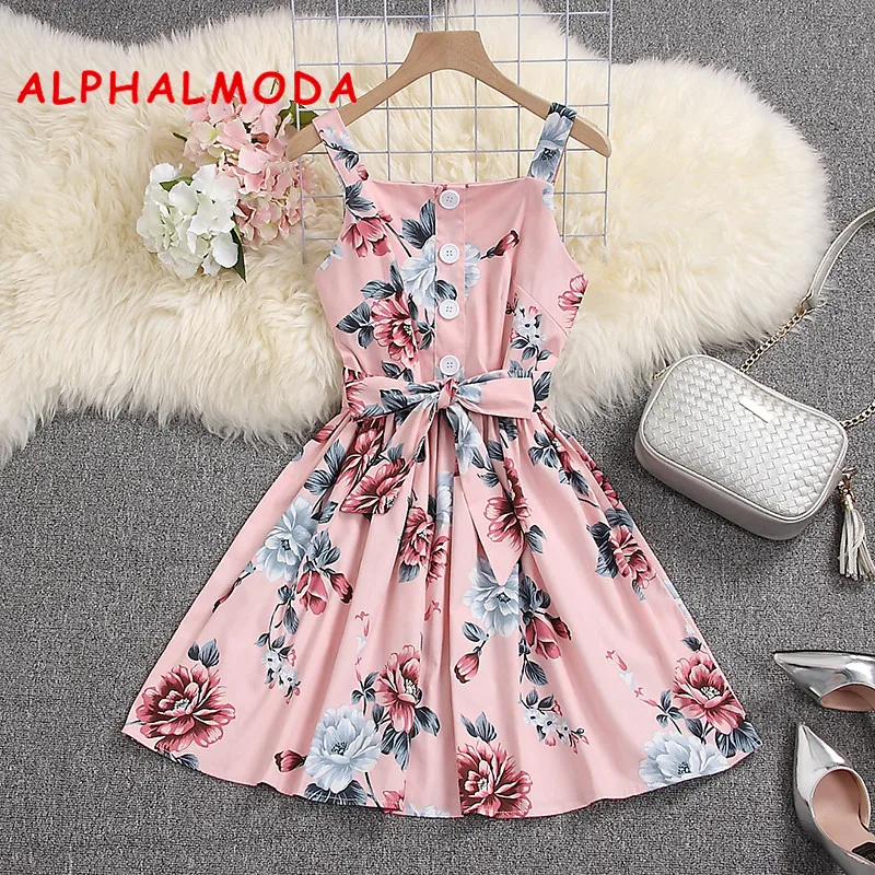 ALPHALMODA 2019 летние цветочные платье на бретелях Однобортный Высокая Талия пояса