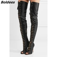 discount cut outs thigh high boots woman lace up over the knee boots kardashian style high heels long gladiator sandals